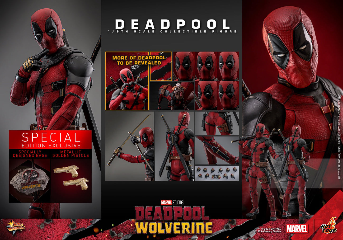 Hot Toys Deadpool &amp; Wolverine Deadpool 1:6 Scale  Figure (Event Special Version (Includes Special Edition Accessories: Two Gold Pistols And A Specially Designed Stone-like Movie-themed Base) MMS746B