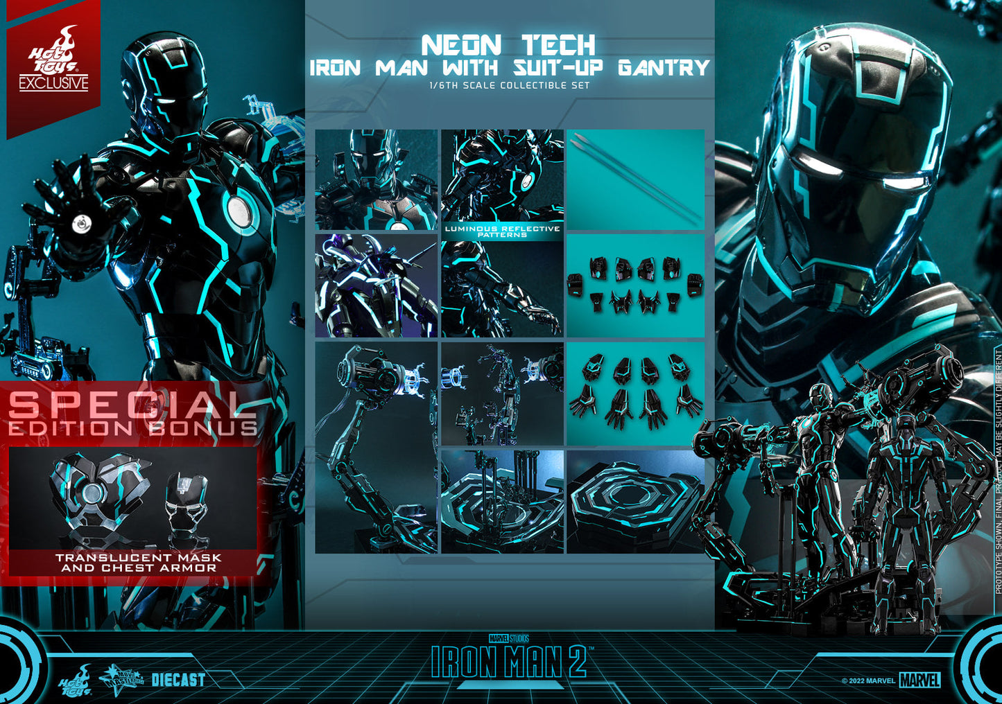 Hot Toys Iron Man 2 - 1/6th Scale Neon Tech Iron Man With Suit – Up Gantry Collectible Set MMS672D50B (Special Edition Bonus -Translucent Mask &amp; Chest Armor)